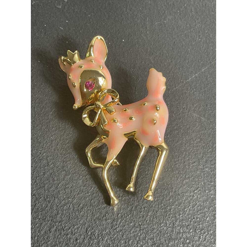 Vintage Deer Brooch Pin With Pink Enamel & Gold Tone Rhinestones